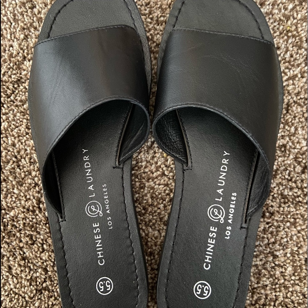 New Chinese Laundry black leather slides